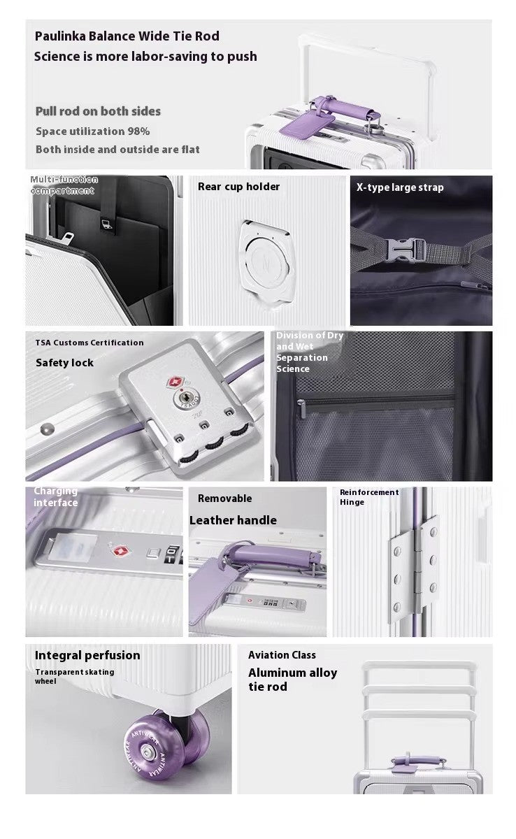 Front Opening Luggage High Quality PC Aluminium Frame Suitcase Wide Handle Carry on Travel Luggage With Laptop USB Charger Port