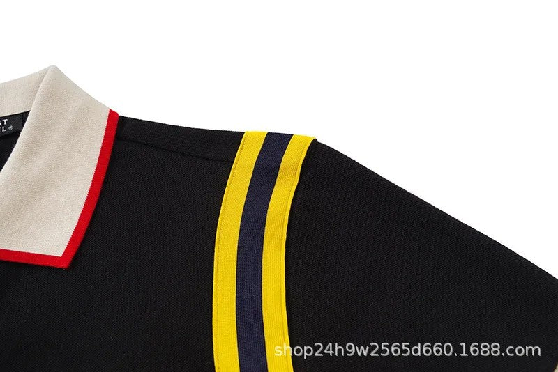 Trendy Gg European American Style Embroidered Small Bee Black Short Sleeve Stand Collar T-shirt Loose Fit Polo Shirt