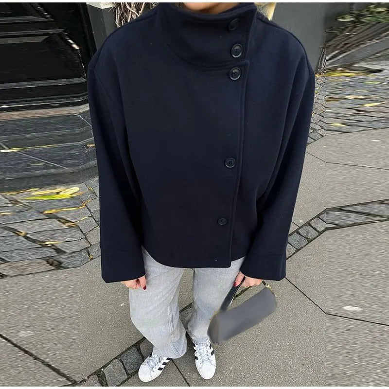 Women Fashion Stand Collar Woolen Jacket Single Breasted Long Sleeve Female Coat 2025 Autumn Chic Street Office Short Outerwears