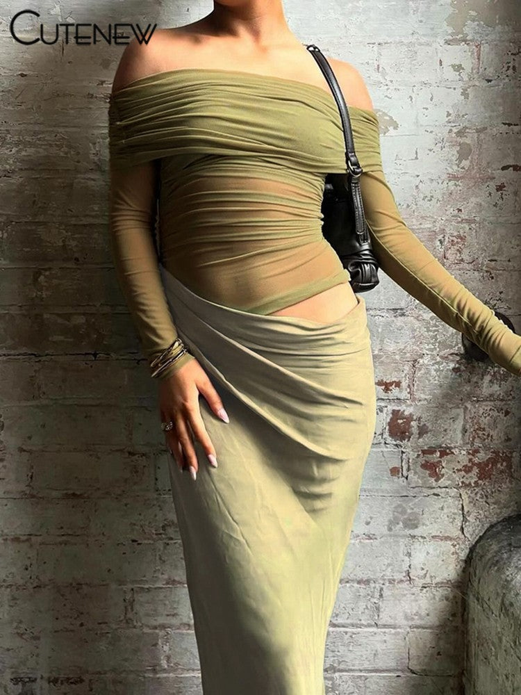 Cutenew Mesh Ruched Women Maxi Dress Sexy See Through Off Shoulder Long Sleeve S
