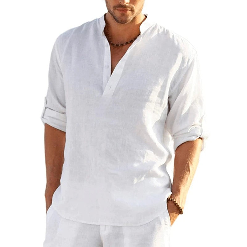 Linen Cotton Shirts for Men Lightweight Long Sleeve Henley Streetwear Beach Breathable Shirt Hawaiian Large T Shirts for Men