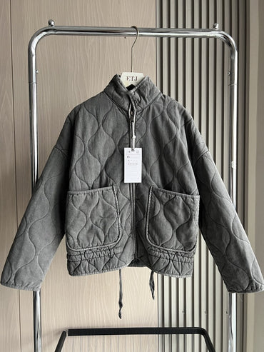 Jaqueta Feminina ZW de Algodão 2025 Nova Chegada Vintage Lenzing Viscose Gola Alta Bolso Grande Casaco Acolchoado Decorativo para Mulheres