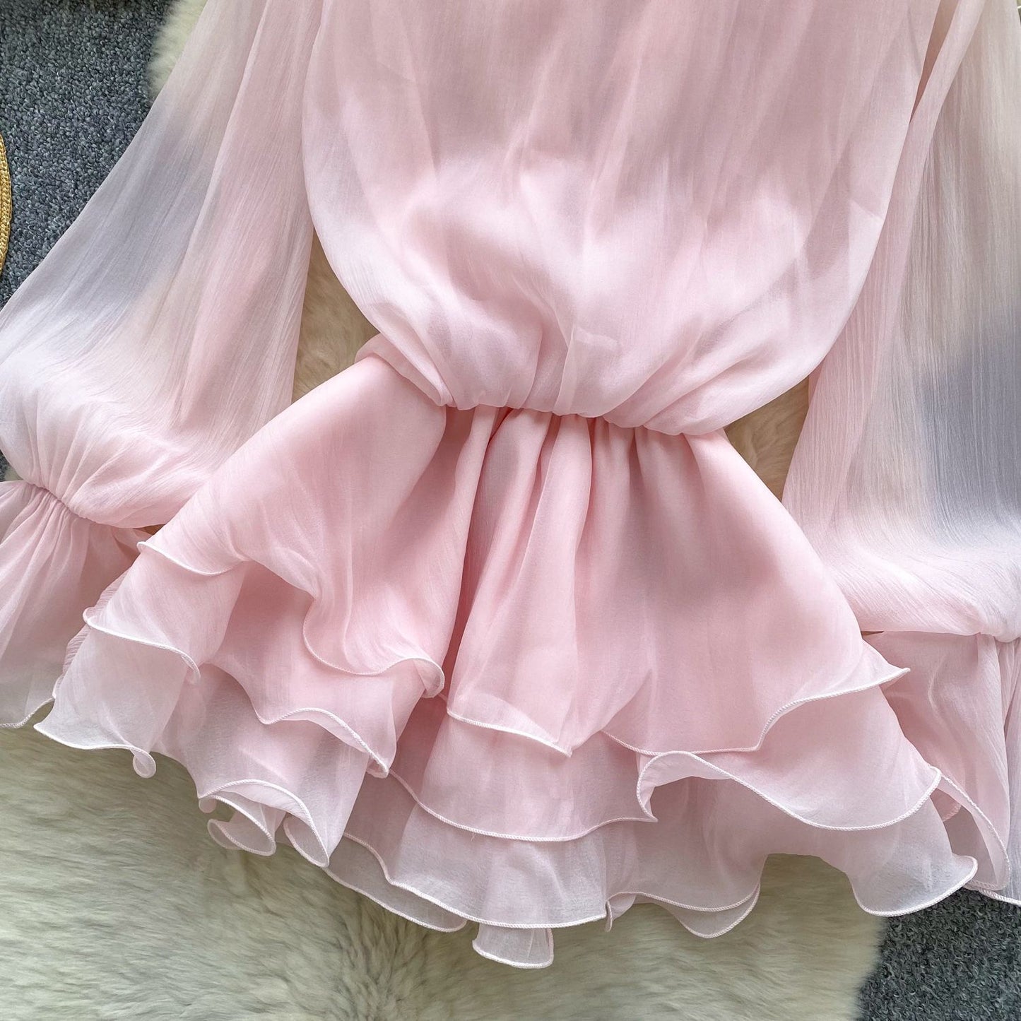 SINGREINY 3D Floral Beach Short Dress Female Long Sleeves Lace Up Ruffle Chiffon