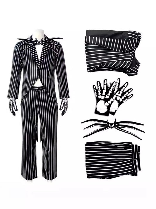 Anime Jack Skelington Black White Striped Cosplay Costume Men Retro Tailcoat Woman Dress Christmas Night Halloween Party Outfit