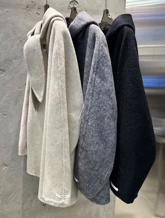 Korean Sle Woolen Coat Women's Chic Temperament Sweet Bow Tie Collar Hooded Warm Woolen Coat Long Sve Mid-Length