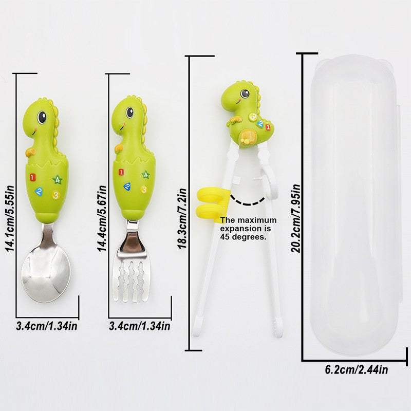 Conjunto de talheres com caixa de armazenamento, em formato de dinossauro, para crianças de 3 a 6 anos praticarem o uso de hashis, garfo e colher