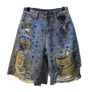 2025 Summer Short Pants High Waist Jeans Hole Shorts Women Stretch Distressed Washed Diamonds Streetwear Straight Denims