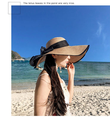 Women Summer Beach Travel Straw Hat Korean Seaside Big Hat Brim Sunblock Sunshade Holiday Foldable Fashion Big Cool Hat