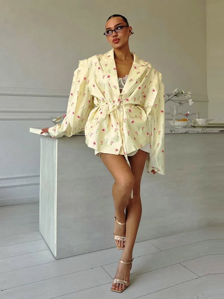 Lace Up Shoulder Pad Blazer Coat Women Elegant Turn-down Collar Long Sleeve Pockets Slim Fit Coats Chic Ladies Commute Outerwear