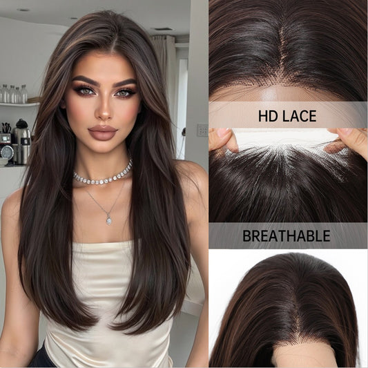 HENRY MARGU 13x4 Lace Front Synthetic Wigs Long Silk Straight Hair Dark Brown Wig for Women 22 inch Heat Resistant Daily Wear