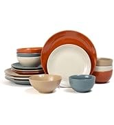 Siterra Santorini Conjunto de Louça de Grés de 16 Peças - Serviço para 4 Pessoas, Pratos e Tigelas, Branco Rústico com Esmalte Azul Reativo