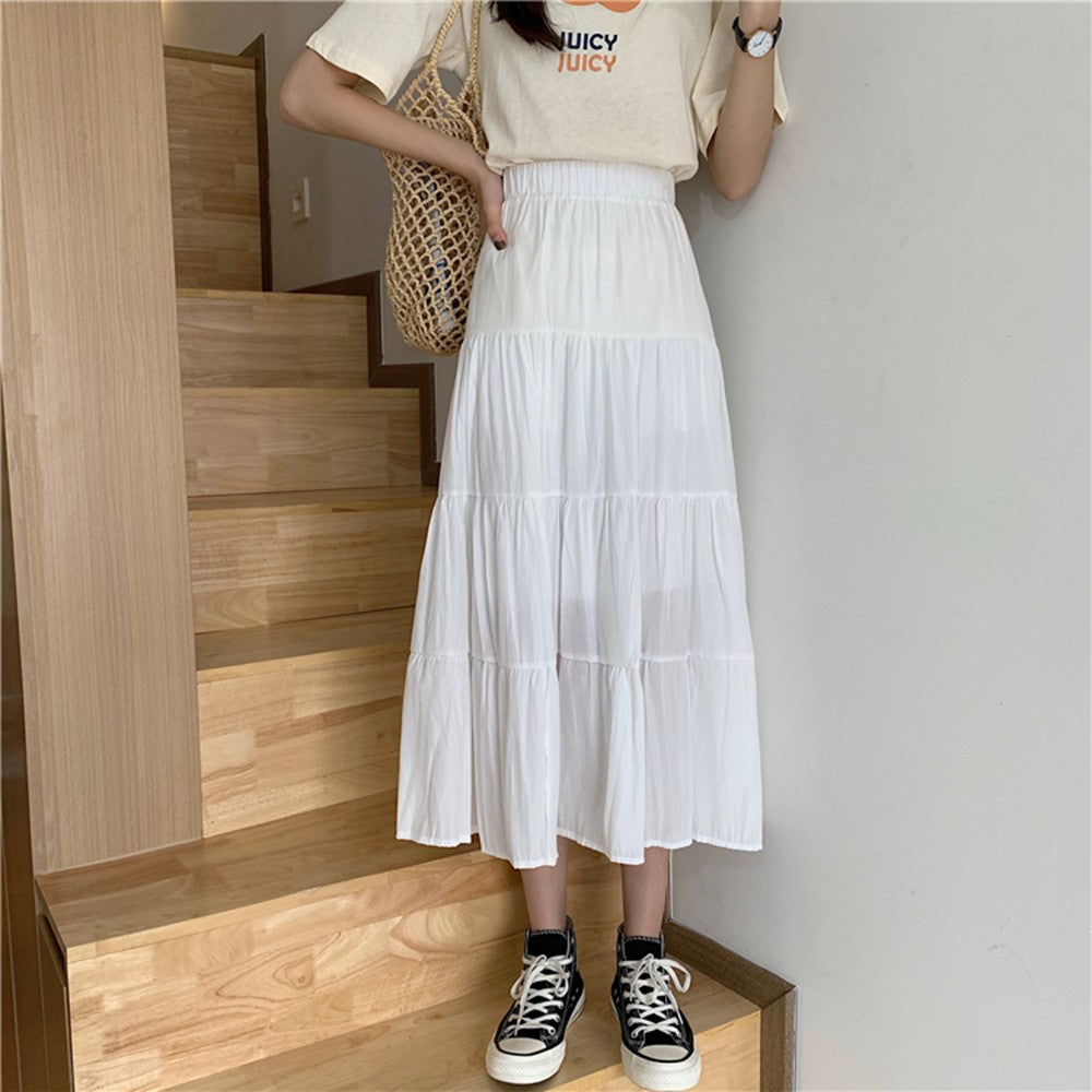 Spring Summer Women Chiffon Skirts Vintage High Waist Elastic Patchwork White Bl