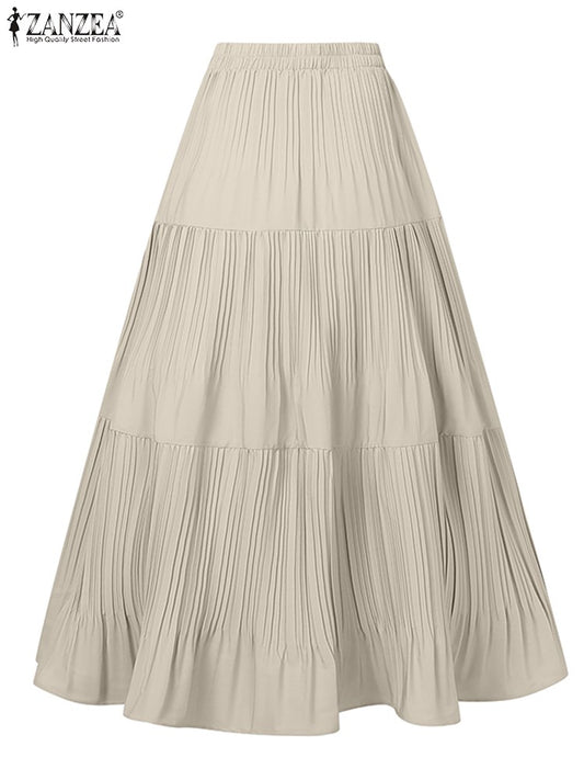 ZANZEA Plus Size 5XL Women Maxi Skirts 2025 Autumn Elastic Waist Pleated Long Skirt Casual Solid Color High Waist Ruffled Skirts