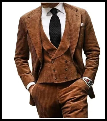 Brown Corduroy Vintage Men Suits Tailor-Made 3 Pieces Wedding Groom Custom Tuxedo Prom Slim Fit 3Pcs