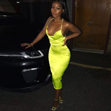 Neon Satin Lace Up Women's Long Midi Dress Light Pink Bodycon Backless Elegant P
