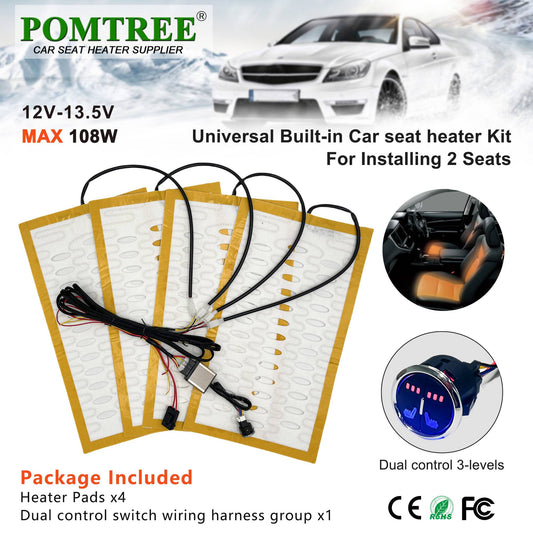 Universal Built-in Car Seat Heater Set Fit 2 Seats with 12V Alloy Wire Fast Heating Pad and 3 Levels Dual Control Switch System