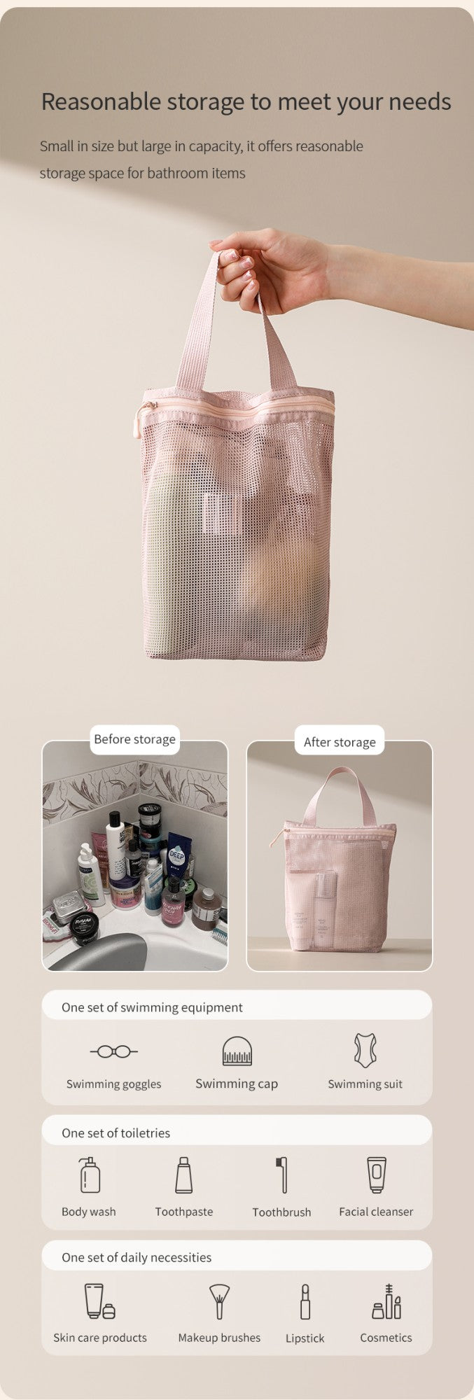 23x26cm Portable Toiletry Bag with Handy Handle Large Capacity Mesh Toiletry Storage Bag Makeup Bag for Business Trips Travel