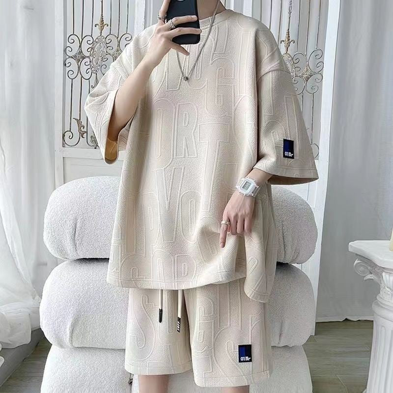2025 3D Men's new Waffle TZ30 Summer Suit Casual T-shirt + Shorts Suit Men's Tracksuit Solid color tracksuit loose suit