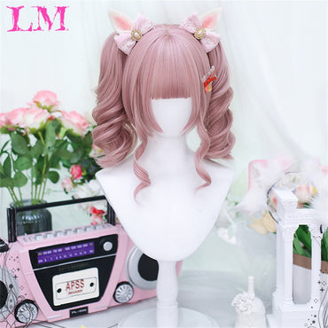 LM Medium Length Pink Cosplay Wig Heat Resistant Costume Party Synthetic Wigs 2 Clip On Ponytail 7 Colors