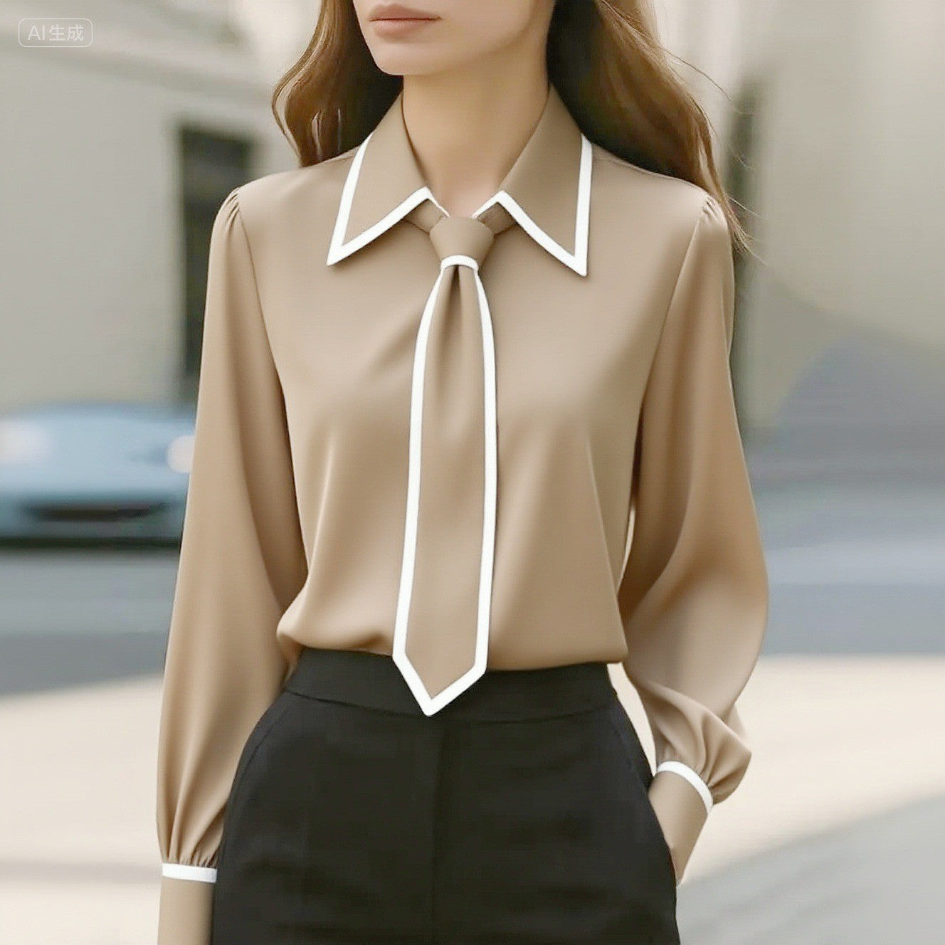 Women's Blouse Fashion Shirt Formal Bow Tie Long-sleeve Contrasting Trim Tops Slim-fit Workwear Elegant Office Lady Shirts Women