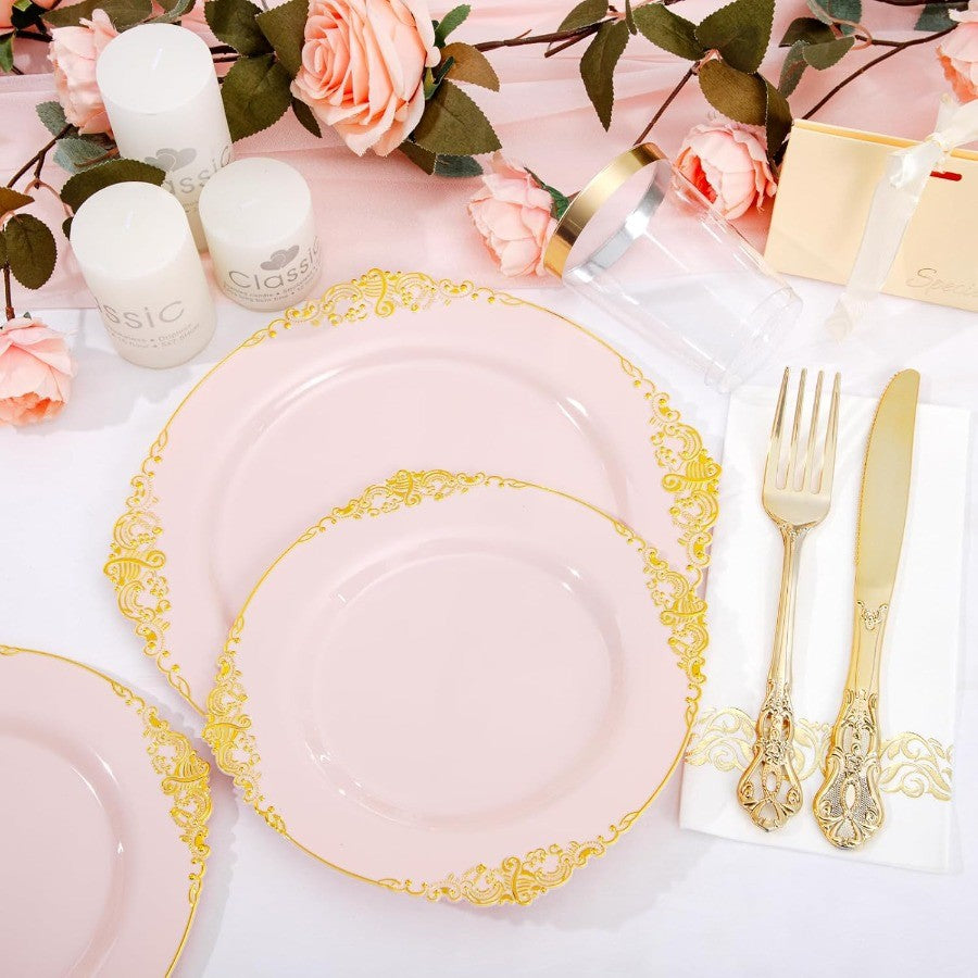 700PCS Pink Plastic Plates Pink and Gold Plates Luxury Pinks Plastic Dinnerware Set Include 200 Pinks Disposable Plates 300 Hea