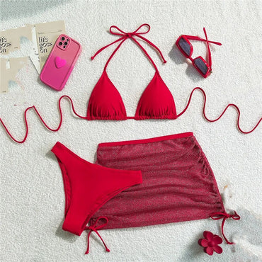 Solid Brown Swimwears String Halter Triangle 3 Piece Bikini Set Sexy Swimsuit Women 2025 Mesh Skirts Bathing Suit Bikinis Dames