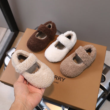 Children Fur Shoes 2024 Winter Kids Warm Plush Shoes For Girl Flat Loafers Moccasins Girls Casual Shoes Khaki, Beige