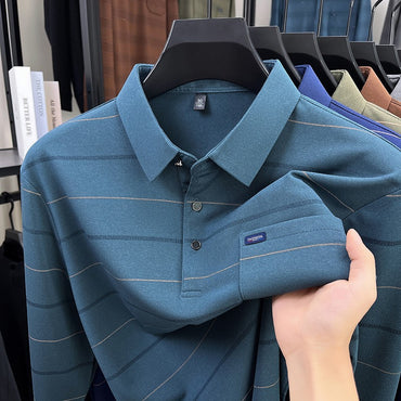 2025 long sleeved men's spring and autumn collar striped pullover top with loose pockets polo shirt