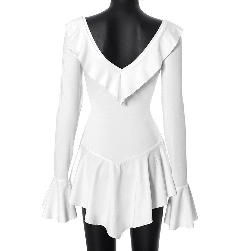 Ruffled Lace-Up White Mini Dress Women's V-Neck Patchwork Long Sleeve Sexy Slim