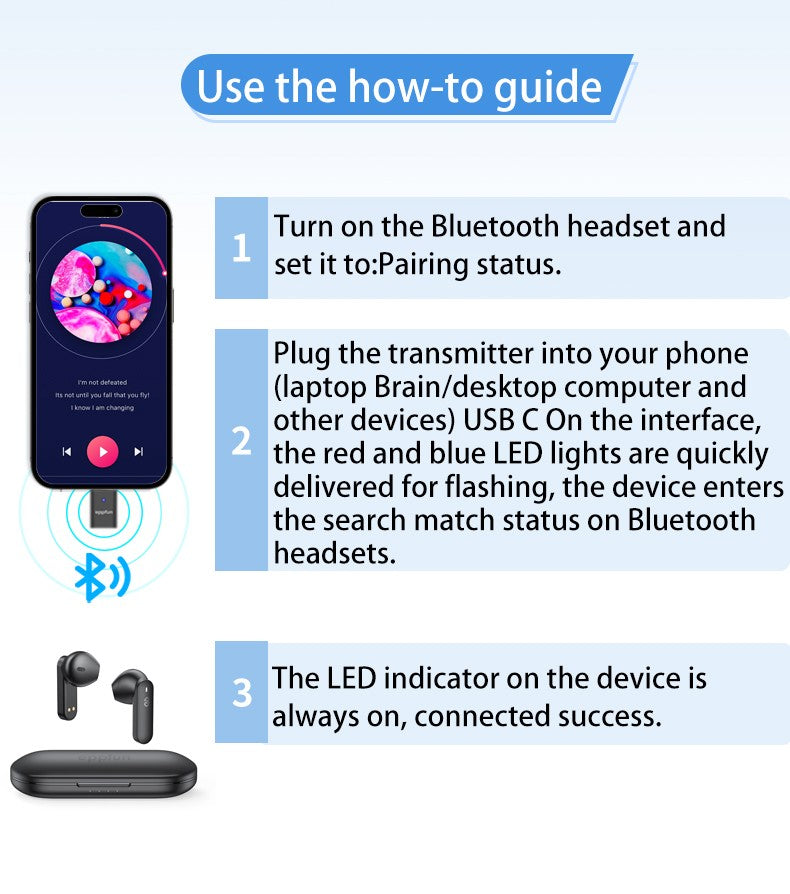 eppfun LE Audio LC3 Bluetooth5.4 Audio Transmitter aptX-LL/HD Type-c Wireless Stereo Music Adapter with Auracast for PC TV PS4/5