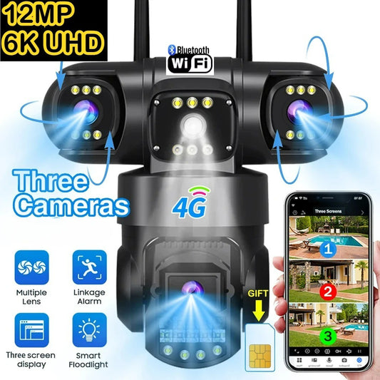 Câmera V380Pro 4G Câmera Sim GSM WIFI 12MP 6K Três Lentes Três Telas Monitor Visão Noturna Segurança PTZ Câmera de Videovigilância