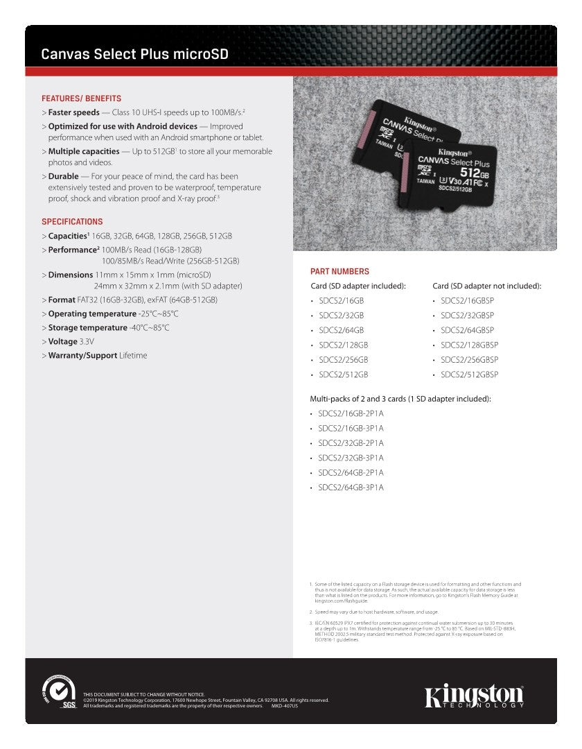 Cartão de Memória Kingston 128GB 256GB MicroSD TF 64GB U1 V30 A1 MicroSD SDCS2 100Mb Velocidade de Leitura Classe 10 Flash Micro Card para Celular