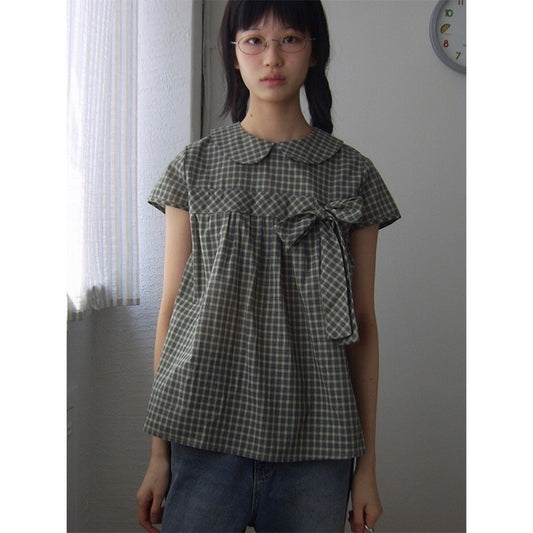 Vintage Plaid Shirts Women Japanese Harajuku Bow Peter Pan Collar Blouses Summer Korean Aesthetic Short Sleeve Casual Tops New