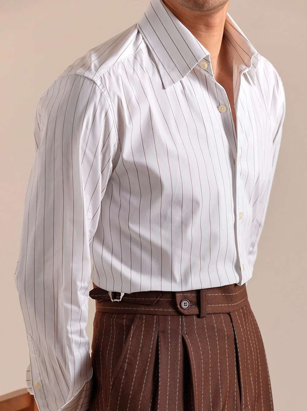 Cotton Blend Striped Casual Italian Style One Piece Collar Long Sleeved Shirt Men High Count Cotton Gentleman Business Shirt Men