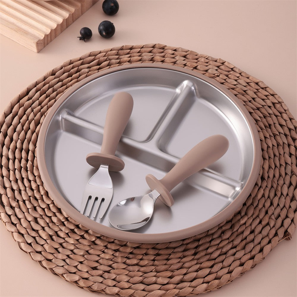 3PCS Silicone Stainless Steel Feeding Kit Toddler Sucker Feeding Dishes Plate Infant Self Feeding Training BPA Free Fork Spoon