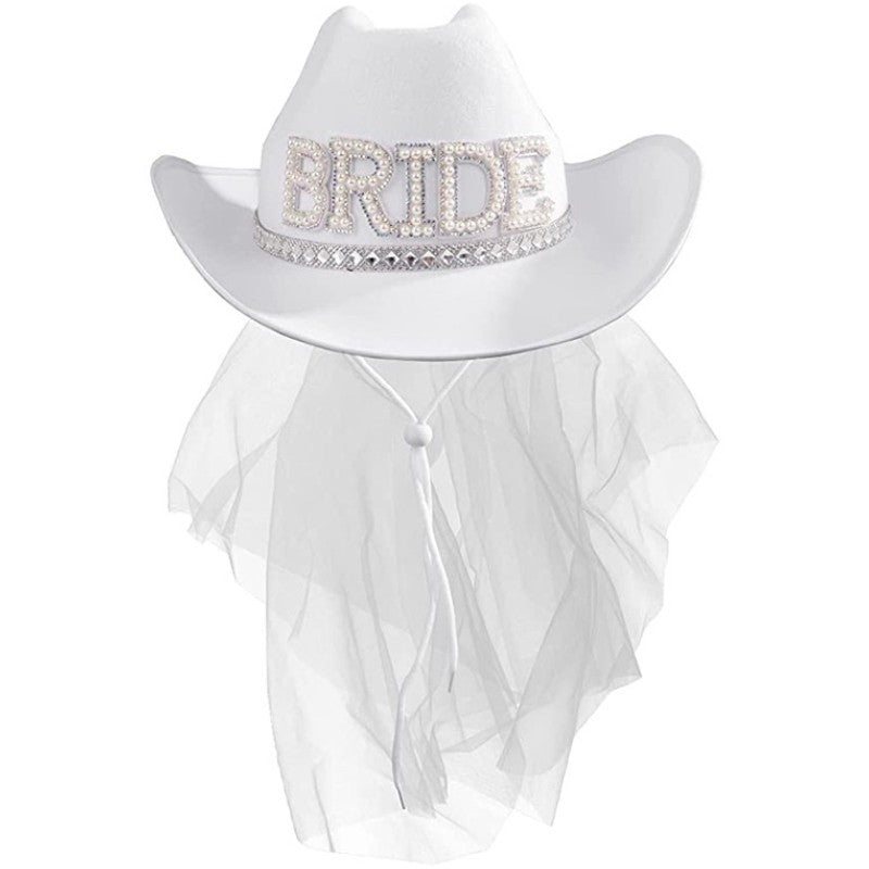 Chapéu de Cowboy com Glitter para Despedida de Solteira de Cowgirl Véu de Noiva Bordado Casamento Country Western para Festa Disco Despedida de Solteira