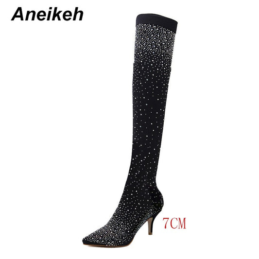 Aneikeh Sexy High Heels Sock Over-the-Knee Boots Pointed Toe Design Crystal Rhinestone Stretch Fabric Pole Dancing Women Shoes