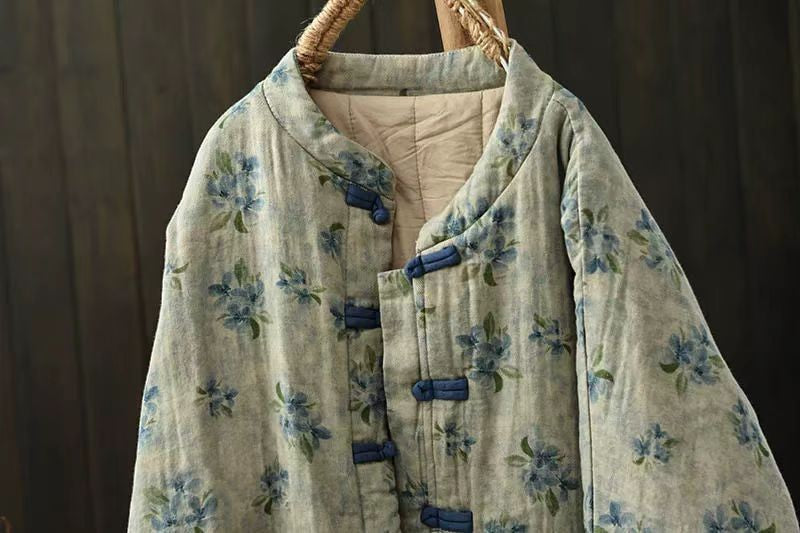 Johnature Vintage Buckle Floral Print Chinese Style Parkas 2025 Woman Winter New Long Sleeves Loose Single Breasted Parkas