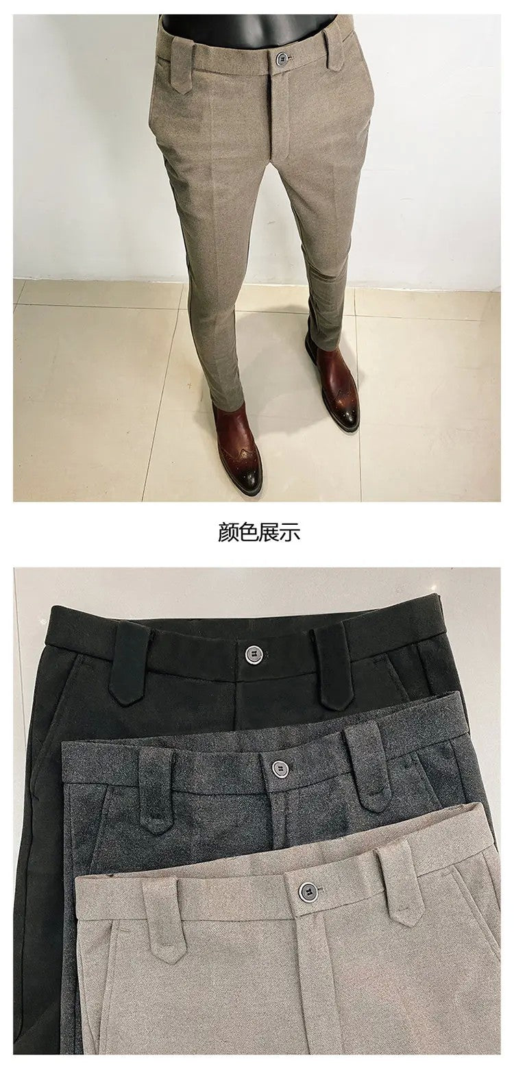 Autumn Winter Thickened Suit Pants Men Casual Slim Fit Straight Trousers Formal Business Woolen Cloth Social Office Dress Pants