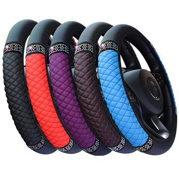 Four Seasons Universal Car Steering Wheel Cover 37-38cm Leather Embroidered Color Diamond-Studded Elastic Steering Wheel Cover