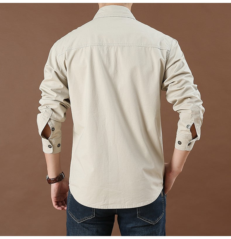 Men Loose Long-sleeved Shirt. New Solid Color Shirt for Middle-aged and Young People in Europe and America in Spring and Autumn