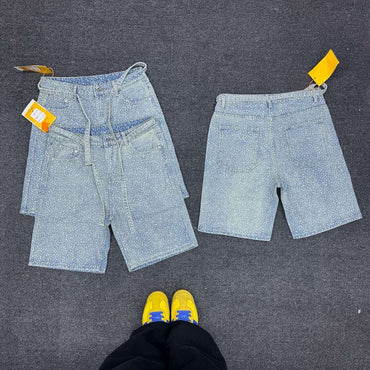 Vintage Sequin Denim Shorts Y2K Jeans Hip Hop Rhinestone Sequin Vintage Denim Shorts Low Rise Over The Knee Pants Casual Shorts