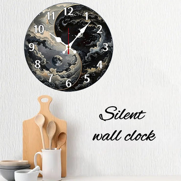 Fantasy Themed Wooden Round Silent Hanging Wall Clock, Suitable For Living Room, Office, Study Room, Bedroom, Home Decoration