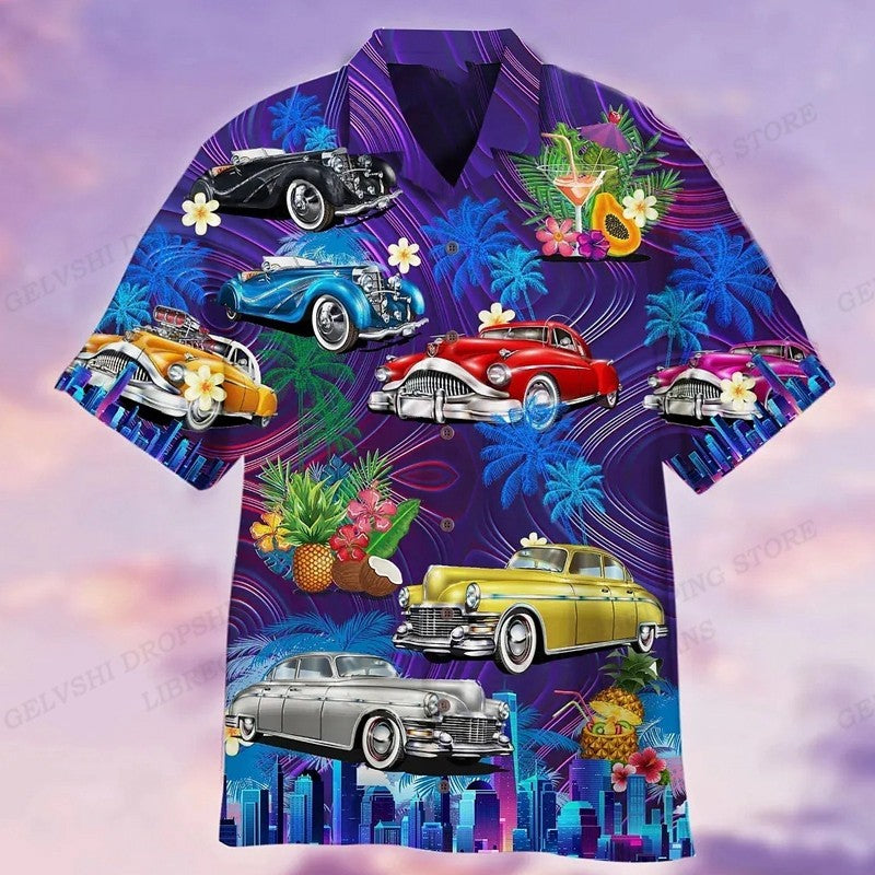 Men's Hawaiian Shirt Car Graphic Print Shirts Men Fashion Casual Beach Blouse Vocation Lapel Motorcycle Camisa