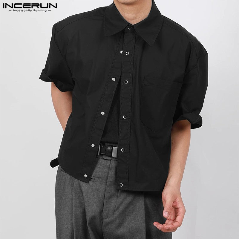 INCERUN Men's Shirts Solid Color Lapel Short Sleeve Pockets Button Male Crop Tops Streetwear Summer Loose Fashion Men Clothing