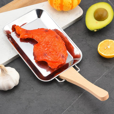 Stainless Steel Rectangle Plate Removable Anti-scalding Wooden Handle Tray Barbecue Grill for Outdoor BBQ Sushi Tray, Cake Tray