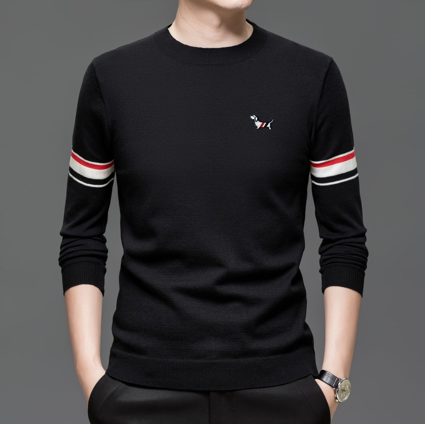 Hot Selling Original Quality Men's Knitted Sweater Striped Sleeves Cartoon Print O-Neck Pullover Autumn Winter Casual Menswear