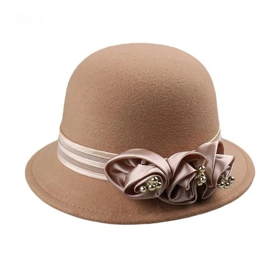 Autumn Winter NEW Wool Formal Hat Women’s Hat Church Hat Fisherman Hat Rose Blossoms Pearl Elegant Fashion Versatile