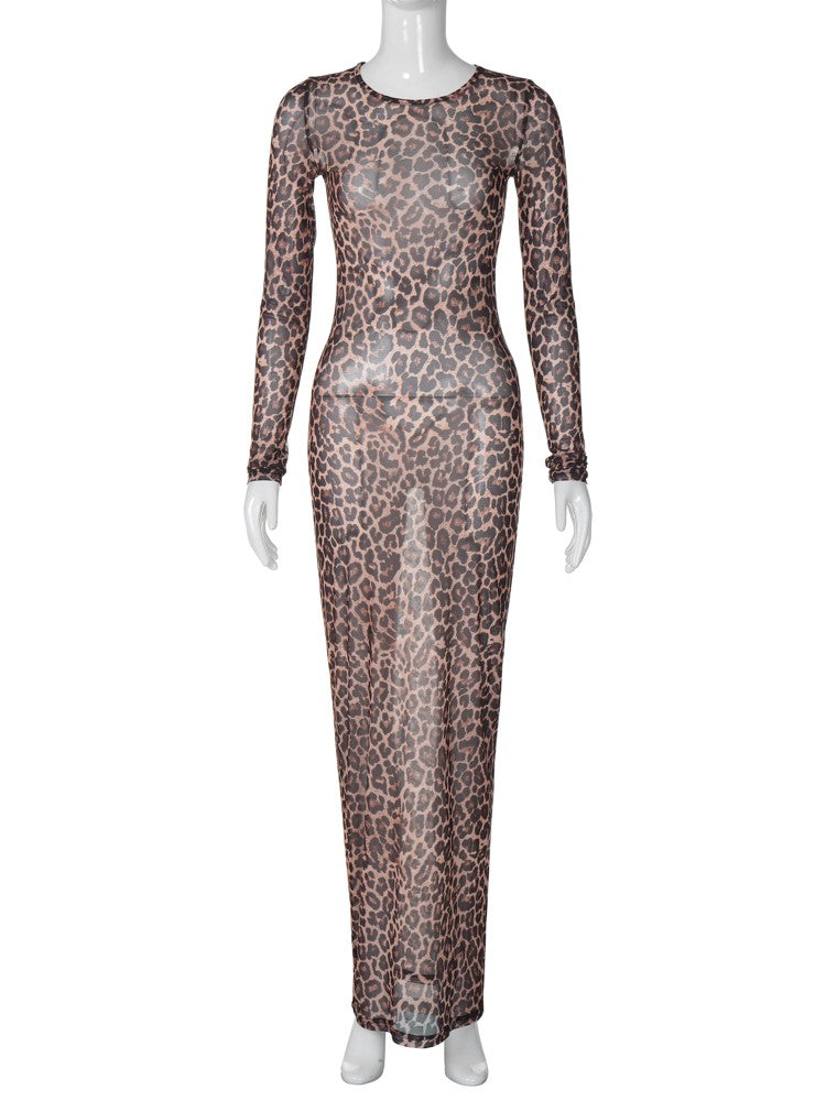Hugcitar Leopard Print Mesh Long Sleeve Sexy Slim See Through Maxi Dress Fall W