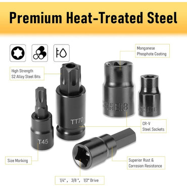 107-Piece Master Torx Allen Bit Socket Set S2 Steel 1/4 3/8 1/2 Drive Long Torx Ball End Hex Tamper-Resistant Star E-Star Socke